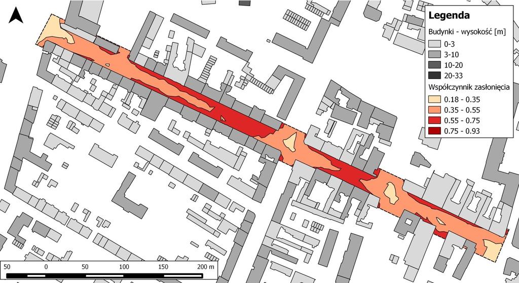 Przykład mapy dostępności sygnałów GPS - zabudowa