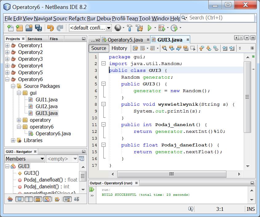 6. Wprowadzenie nowej definicji klasy GUI z zachowaniem identycznych nagłówków metod automatyczne generowanie danych (wykonano kopię projektu Operatory5 jako Operatory6, dodano nowa klasę GUI3 w