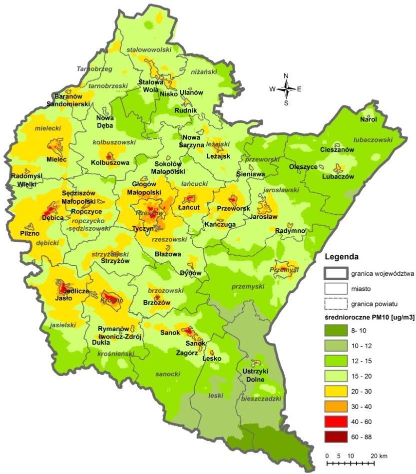 Stężenia średnioroczne pyłu PM10 w powietrzu powiat krośnieński Obszary przekroczeń w województwie w