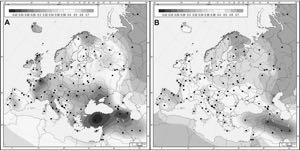 Genetic matrilineal distances between 55 modern Western Eurasian populations (Table S6) and Neolithic LBK