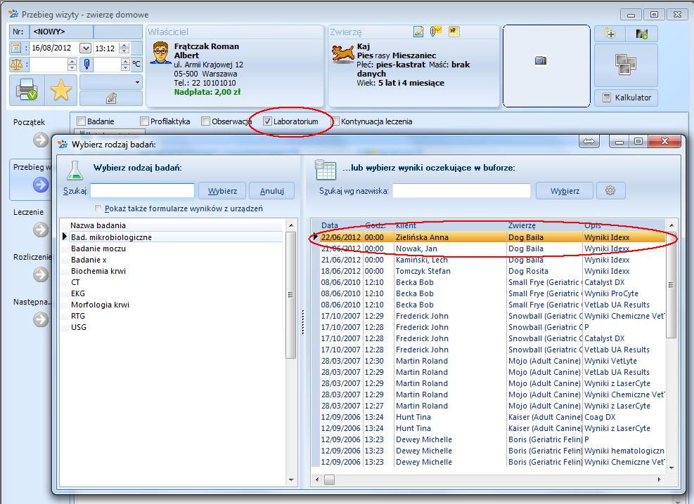 2. Wykorzystanie wyników podczas rejestracji wizyty Podczas rejestracji wizyty klikamy na przycisk Laboratorium, a następnie wybieramy jeden z wyników oczekujących w buforze: Po wybraniu wyników