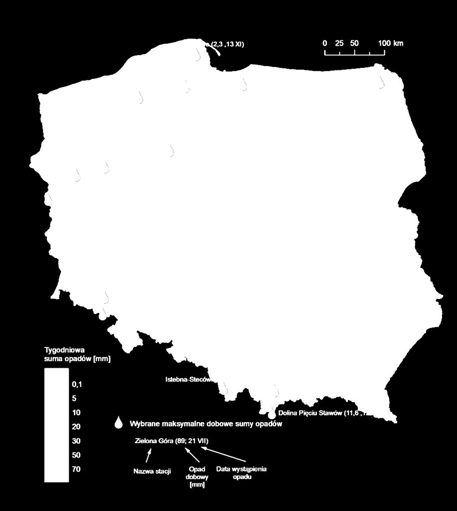 3. Rozkład tygodniowej sumy opadów oraz wybrane