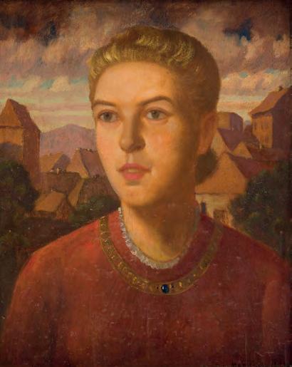 70 Tadeusz Marczewski (1879-1963) Portret kobiety na tle miasta, 1940 (?) r. sygnowany i datowany p.d.: TAD.
