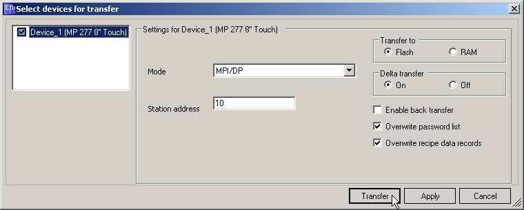 Wgranie programu z WinCC flexible do panelu operatorkiego za pomocą protokołu PROFIBUS Utawienia w WinCC flexible: 1) W menu Project wybierz Tranfer Tranfer Setting 2) W polu Mode wybierz opcję