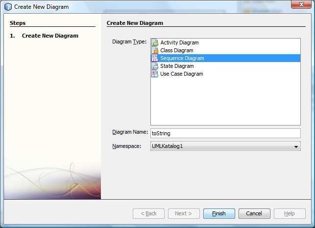 14) Wstawianie nowego diagramu typu Sequence Diagram wybranym z listy