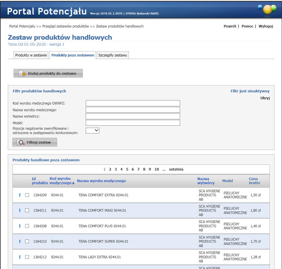 Przechodzimy do zakładki produkty poza zestawem Po kodzie wyrobu med.