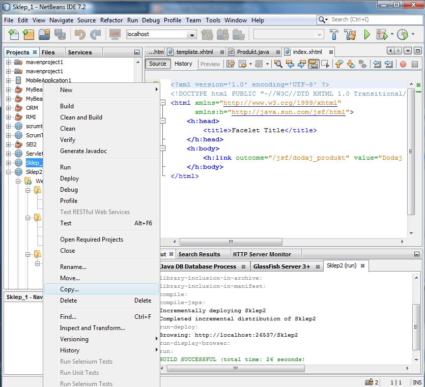 1. Tworzenie kopii projektu typu Web Application o nazwie Sklep_1 z lab1 (prawy klawisz myszy na nazwie
