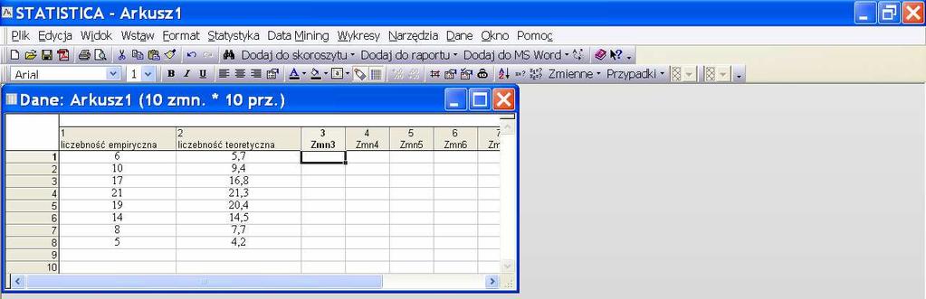 W pakiecie Statistica Do kolumn można wprowadzić dane