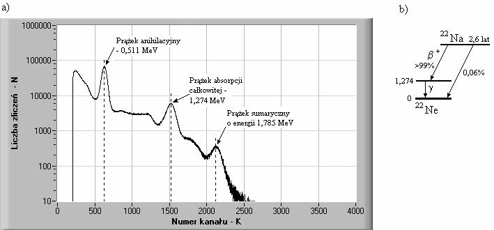 Rys. 6 Izotop promieniotwórczy 22 Na: a) spektrogram, b) schemat rozpadu Spektrometria promieniowania jądrowego znalazła zastosowanie nie tylko do analizy pierwiastków o promieniotwórczości