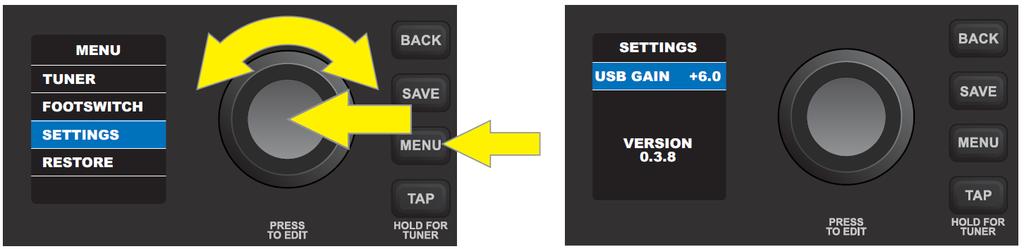 FUNKCJE MENU: USTAWIENIA Trzecia funkcja menu SETTINGS (ustawienia) pokazuje aktualną wersję firmware (oprogramowania układowego) i umożliwia regulację wyjściowej głośności nagrywania za pomocą portu