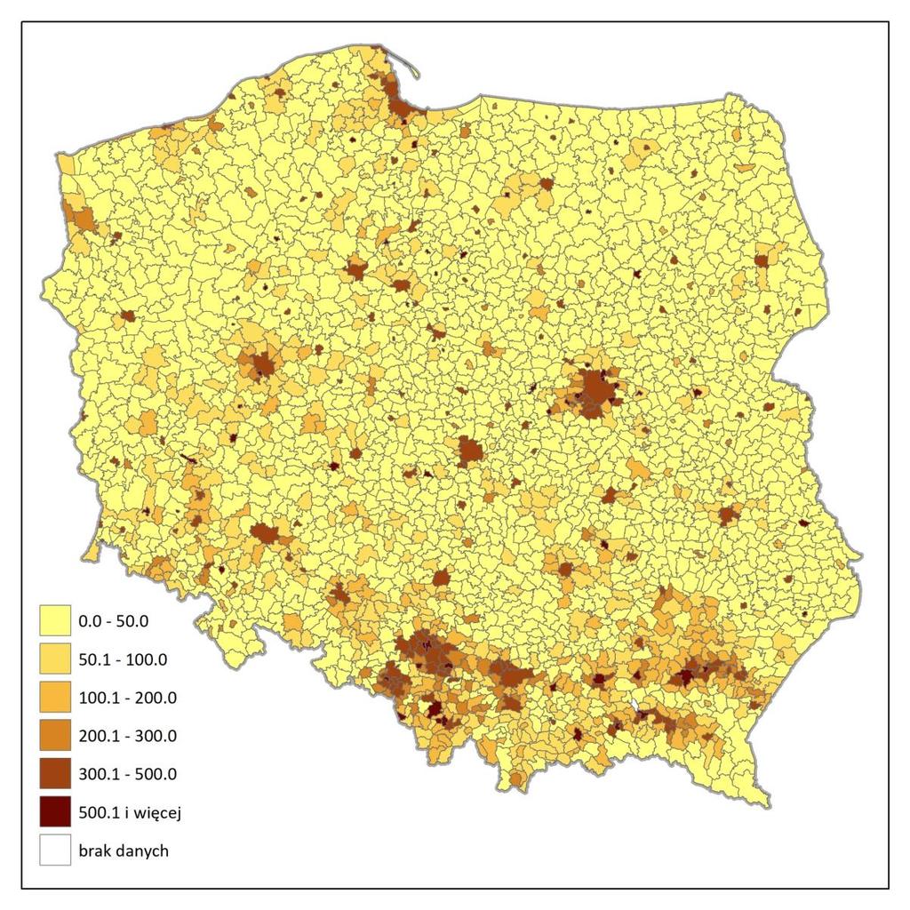 Długość sieci wodociągowej wg gmin na 100 km 2 w 2017 r. Dane wg Banku Danych Lokalnych (www.bdl.stat.gov.