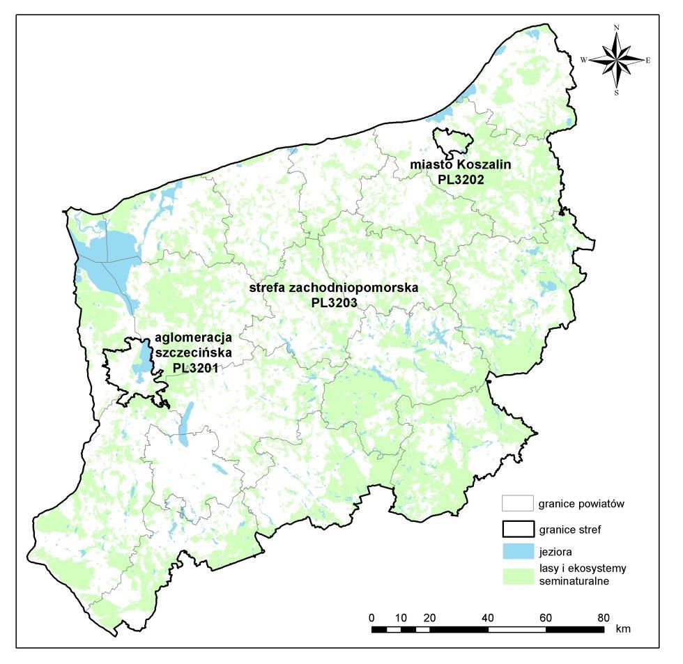 Mapa 3.2.1. Podział województwa zachodniopomorskiego na strefy dla celów oceny jakości powietrza za 2015 r. 4. Opis systemu oceny jakości powietrza w województwie zachodniopomorskim w 2015 r.