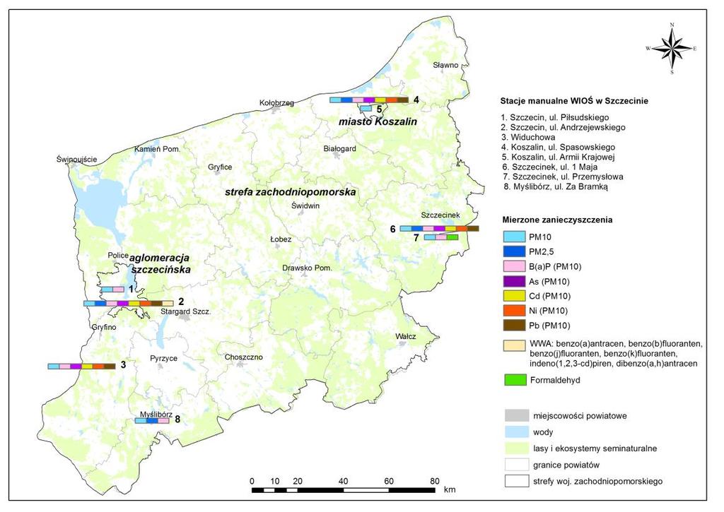 Pomiary manualne W 2015 roku manualne pomiary pyłu PM10 i pyłu PM2,5 prowadzone były w sposób ciągły na 8 stacjach (po dwie w aglomeracji szczecińskiej, w Szczecinku i w Koszalinie oraz po jednej w