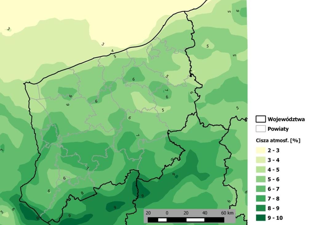 Częstość występowania cisz wiatrowych w 2015 roku w województwie zachodniopomorskim przedstawia Mapa 4.2.3. Za ciszę wiatrową uznaje się prędkość wiatru nie przekraczającą 1,5 m/s.