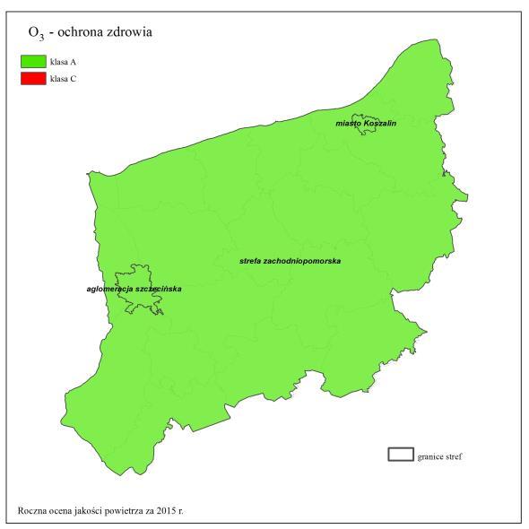 Mapa 5.1.12. Wyniki klasyfikacji stref województwa zachodniopomorskiego w ocenie rocznej za 2015 r.