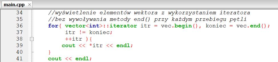 Iteratory Zmodyfikowana pętla z poprzedniego przykładu dzięki zapamiętaniu iteratora dla końca