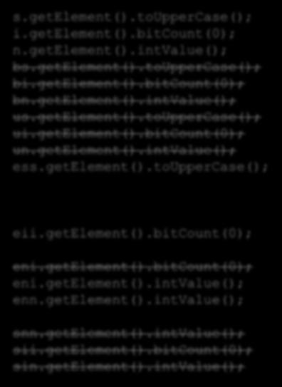 getelement().touppercase(); bi.getelement().bitcount(0); bn.getelement().intvalue(); us.getelement().touppercase(); ui.getelement().bitcount(0); un.getelement().intvalue(); ess.getelement().touppercase(); Metody każdej z klas Tylko metody klasy Object Eclipse zgłasza ostrzeżenie Tylko metody klasy Object Tak jak typ surowy, ale brak ostrzeżenia Metody z klasy String Box<?