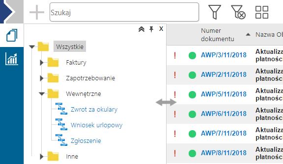 dokumentów, w przypadku, gdy panel został rozwinięty i przypięty do listy.