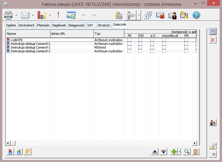 W kontrolce typu Dokument ERP XL wygenerowano dokument (A)FZ w systemie Comarch ERP XL, na dokumencie (A)FZ na zakładce Załącznik i