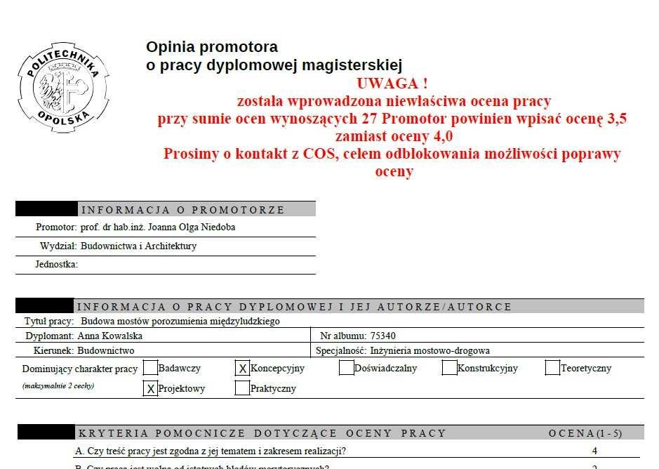 UWAGA Program sam nie przelicza punktacji i nie dopasowuje odpowiedniej oceny.