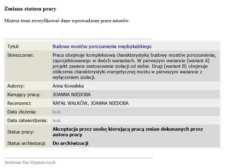 Po wprowadzeniu przez studenta danych o pracy oraz załączeniu pracy w wersji elektronicznej, na adres pracowniczej skrzynki pocztowej promotora przyjdzie wiadomość o poniższej treści.