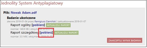 Raport zawiera podstawowe informacje o pracy, statystki dokumentu oraz procentowy rozmiar znalezionego podobieństwa. WAŻNE!