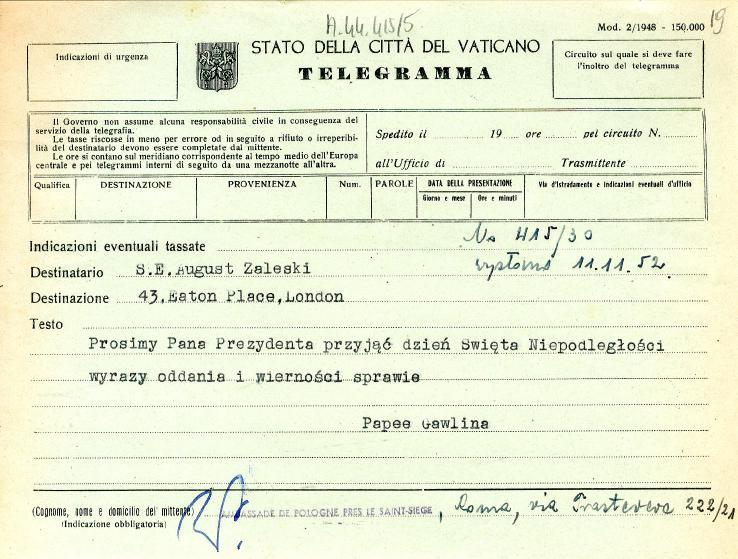 Indicazioni di urgenza 1-)A4 /J STATO DELLA CITTA DEL VATICANO TELJEGRAMMA Mod. 2/1948-15Q.