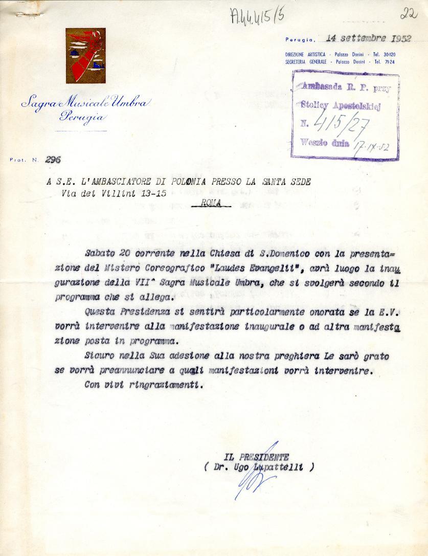 N'1 fil,t[f ( 02).] Perugia, 4.4 $4?ttopzbre - /r DIREZIONE ARTISTICA Palazzo Danin' Tel. 30-120 SEGRETERIA GENERALE Polazzo DonInI Tel. 71-24 'Ambasada IL r..4; Pa/c- 1..(d-te,c7 :cqearzugla.