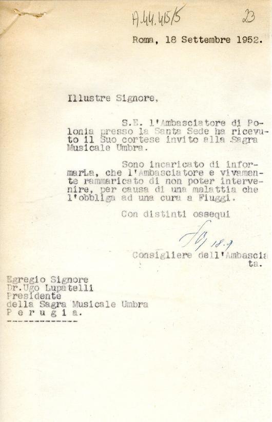 Pomn, 18 Settembre 1952. Polish Institute and Sikorski Museum Iłlustre SiAnore, S.E. ltmbnscintore dł Po- lonia i;:xesso l rnti Secie ha ricevu- to 11 SUQ cortese invito e11 nisłcale Umbrn.