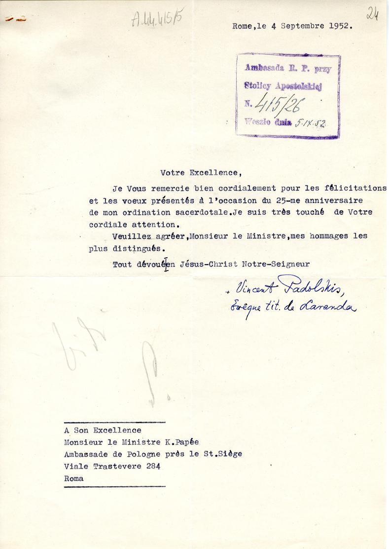 ;;;10 1111104., Rome,le 4 Septembre 1952. Ambosada. U. P przy ftoiley Apostolskiej N 4/fźi V":7(s.