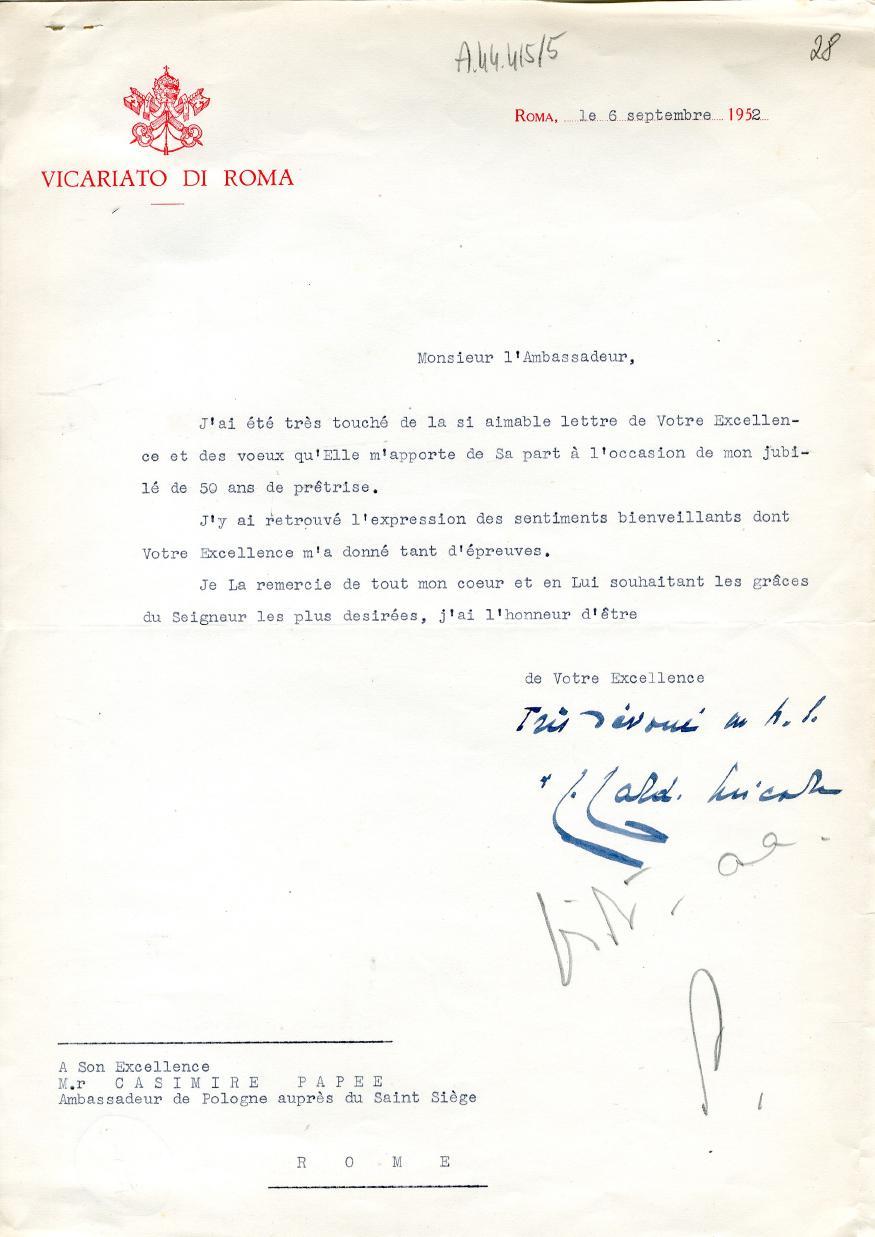 ROMA, le 6 septembre 1952_ VICARIATO DI ROMA Monsieur ltambassadeur, The Polish Institute and Sikorski Museum Jtai ótó tras touch6 de la si aimable lettre de Votre Excellen- ce et des voeux qutelle m