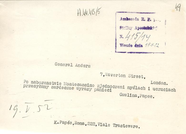 ,u,1115k Ambasada IV. Apo" cf-7-i NY(s2;!$.).bI 7f.Y.1 I lish Institute and Sikorski M Generał Anders 7,averłon łreet, London.