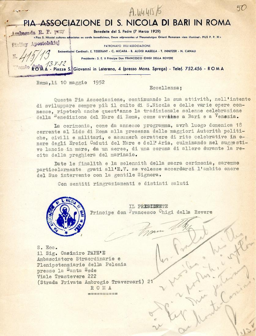 jeut14.415/5/ PIA.ASSOCIAZIONE DI S. NICOLA DI BARI IN ROMA )! hamda E. F. Benedetla dal S. Pedre (7 Merzo 1929) «Pios S.