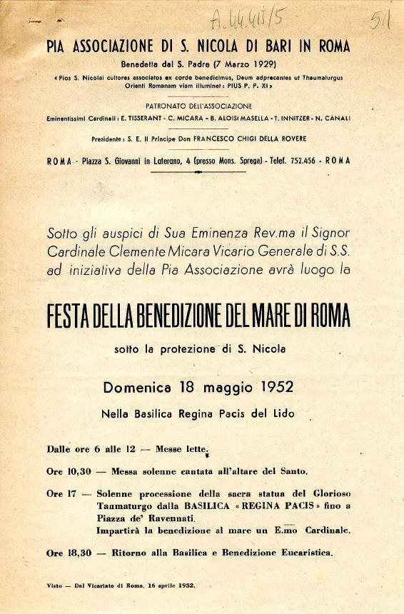 [iq PIA ASSOCIAZIONE Dl S. NICOIA DI BARI IN ROMA Benedetta dal S. Pedre (7 Marzo 1929) Pios S.