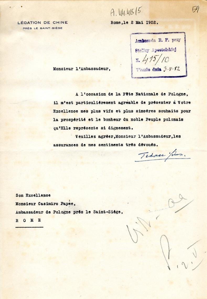 ,utf; LEGATION DE CHIN E Rome,le 2 Mai 1952. rj PRES LE SAINT-SIEGE nibil, da R. F. pri Monsieur l'ambassadeur, k,wstolsidd I%!/ 157/o :72 V f 2.