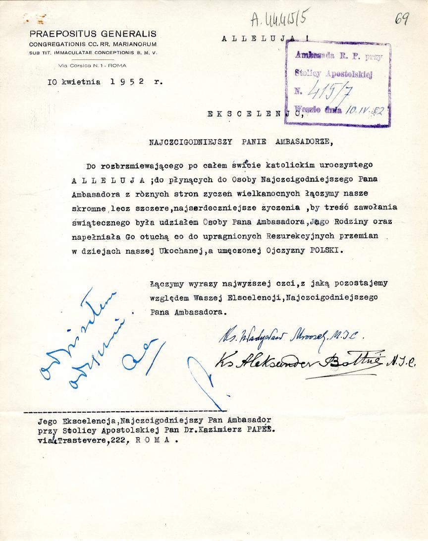 PRAEPOS1TUS GENERAUS CONGREGATIONIS CC. RR. MARIANORUM SUB TIT, immaculatae conceptionis B. M. v. Via Corsica N.1 - ROMA IQ kwietnia ł 9 5 2 r. Li.11(4(s(S ALLELUJ f.anibtovada R. P.