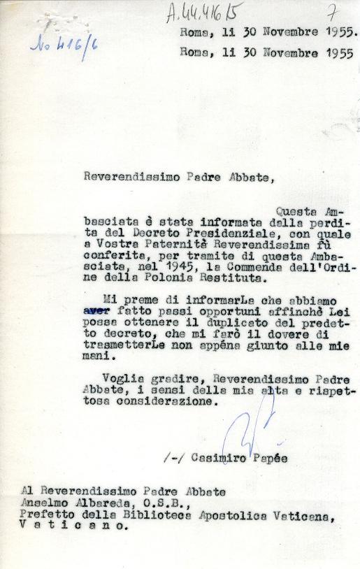 P-u it(1,q;(5- Roma, 2.1. 30 Nowobre 1:;.155. Roma, 13. 30 Novembre 1955 Polish Institute and Sikorski Museum Roverendissimo l'ndre Abbste Questa Am basointr, state. informrts &ala 7.