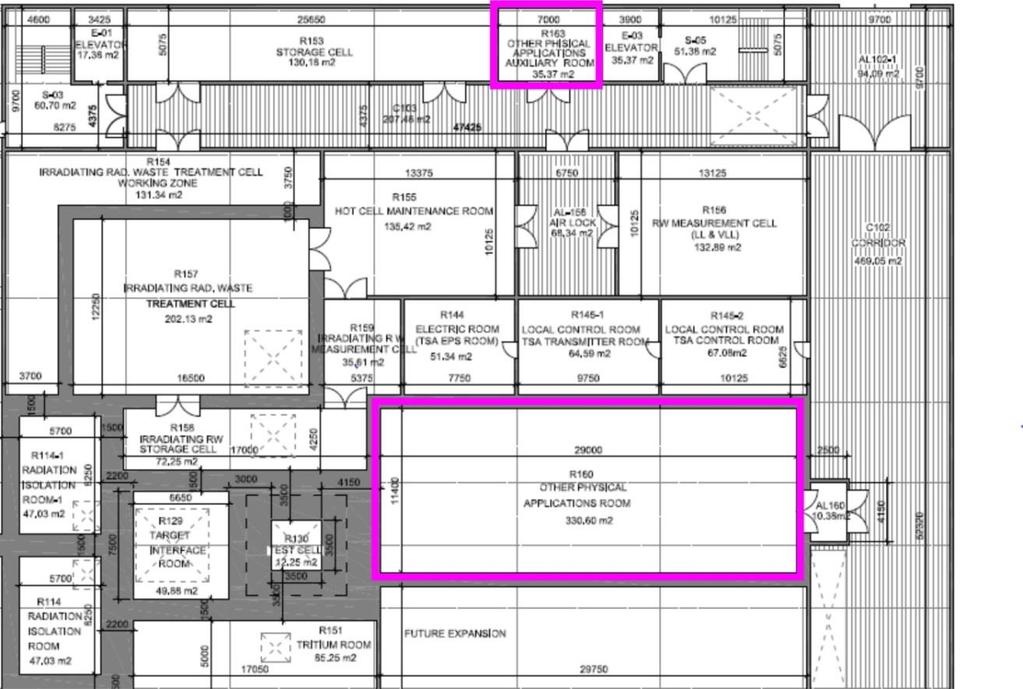 Complementary Experiments opcja A w realizacji Complementary Exp Area Room R160 29.00 m x 11.40 m, height 8.00 m, 330.60 m 2 Auxilliary Room R163 7.00 m x 5.07 m, 35.