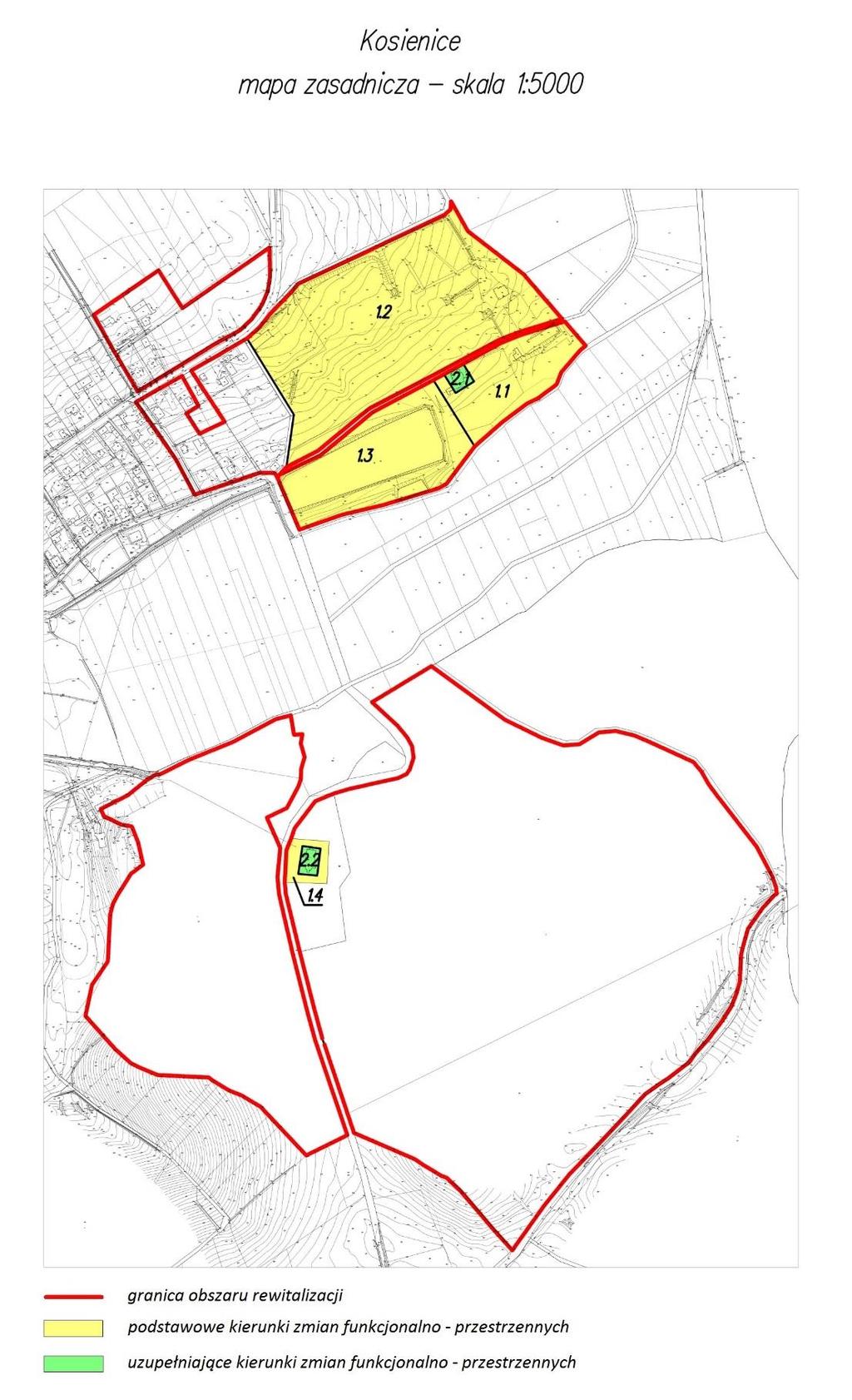 Mapa nr 8 Teren zdegradowany dla obszaru nr 4 - Zespół Pałacowo Dworski w Kosienicach wraz z najbliższym otoczeniem oraz tzw. Kościół w lesie. 1.