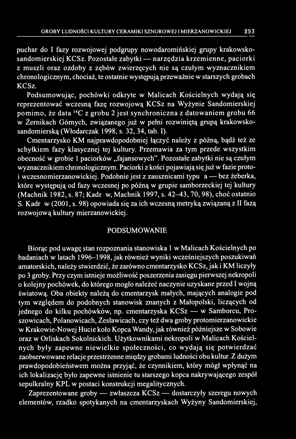 KCSz. Podsumowując, pochówki odkryte w Malicach Kościelnych wydają się reprezentować wczesną fazę rozwojową KCSz na Wyżynie Sandomierskiej pomimo, że data 14 C z grobu 2 jest synchroniczna z