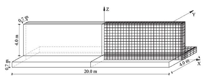 Rys. 7. Wymiary przykładowej ściany żelbetowej z podziałem na elementy skończone naprężeń oraz ewentualnych zarysowań ściany żelbetowej.