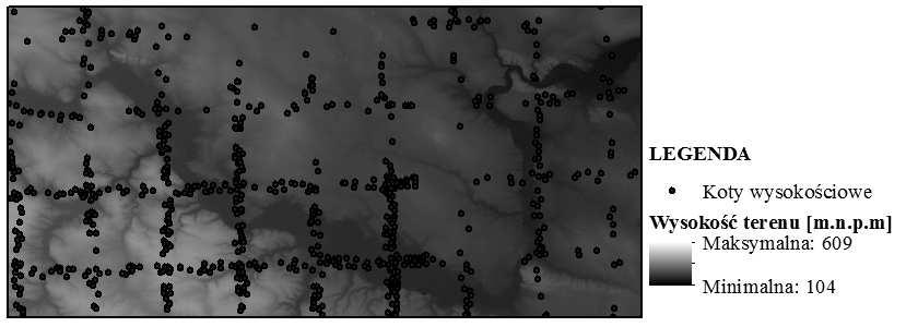 RYSUNEK 8. Fragment modelu rastrowego analizowanej zlewni i lokalizacja kot wysokościowych w miejscach nakładania się arkuszy (opracowanie własne) FIGURE 8.