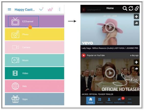 EZCast 2.0 APP Obraz 3.0 Po skonfigurowaniu EZCast 4 krok po kroku możesz zacząć korzystać z EZCast 2.0 Funkcje aplikacji poniżej: EZChannel: ** (Patrz obraz 3.