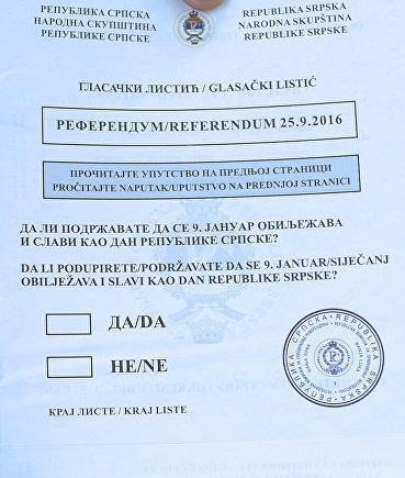 Ilustracja 1. Karta do głosowania w referendum w sprawie ustanowienia 9 stycznia Dniem Republiki Srpskiej z 25 września 2016 r. Źródło: National Assembly of Republic of Srpska, http://www.