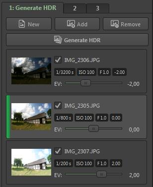 Edycja wartości EV dla trój-zdjęciowej sekwencji HDR.