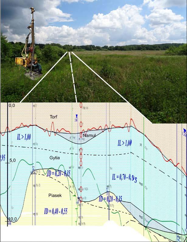 Rys. 5. Przekrój podłoża bagiennego Budowie nasypu na gruntach organicznych zawsze towarzyszy intensywne osiadanie niespotykane przy gruntach mineralnych.