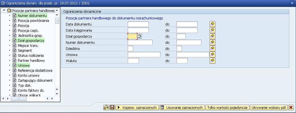 W zakładce Dowolne wybory wybierz pola, które będą ograniczały wybierane dokumenty.