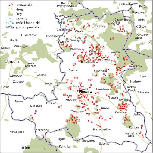 Przegląd Przyrodniczy XXIX, 3 (2018) Ryc. 1. Rozmieszczenie stanowisk gadów w powiecie pleszewskim w latach 1990-2016. Fig. 1. Distribution of reptile stands in Pleszew district, 1990-2016.