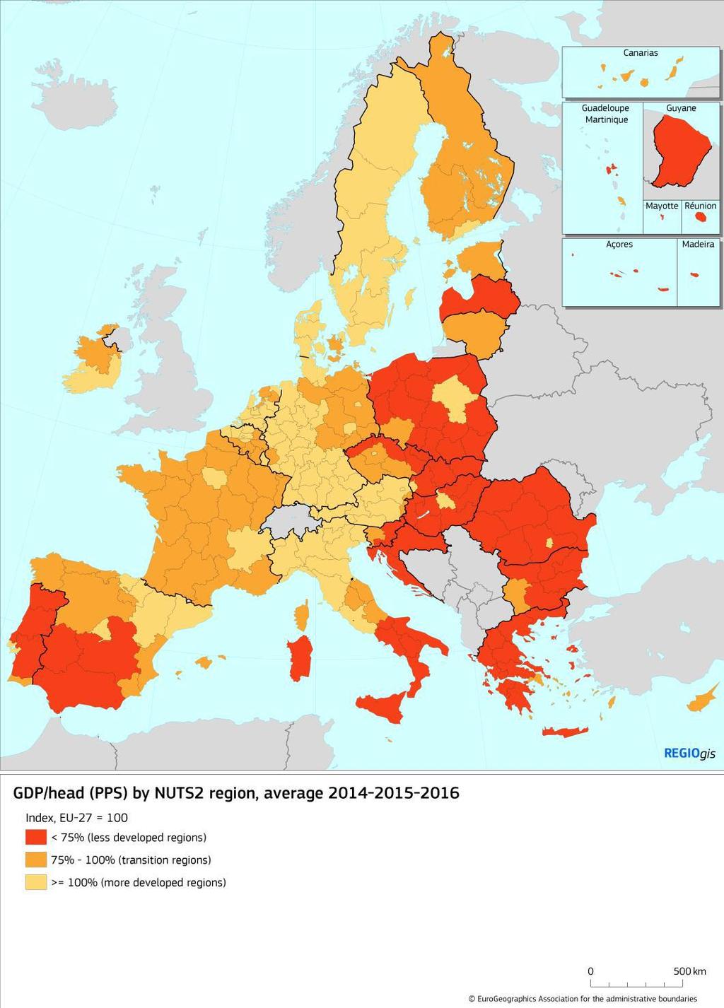 Nowa regionalna mapa kwalifikowalności 2021-2027 Niższe stopy współfinansowania: 70% - regiony słabiej