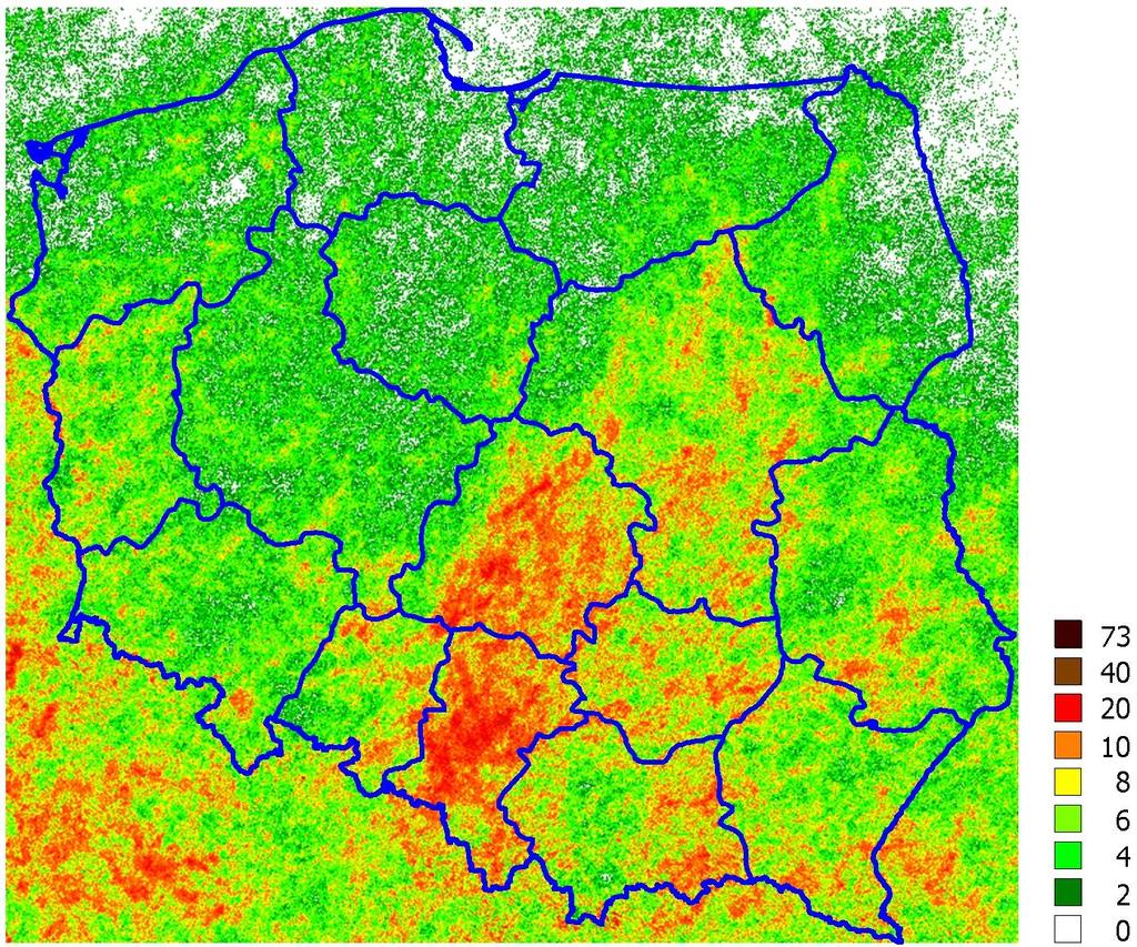 Średnia roczna liczba doziemnych wyładowań atmosferycznych na 1 km 2 na obszarze